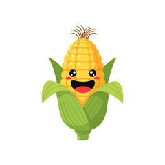 Cheerful cartoon corn character with bright yellow kernels, smiling amidst green leaves