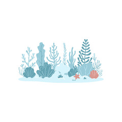 Colorful underwater scene featuring various sea plants and a starfish on the ocean floor