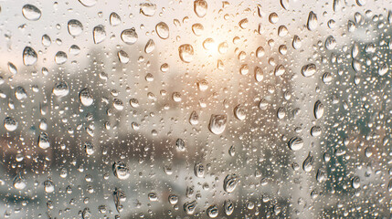 Close-up of water droplets on a foggy window, capturing a warm sunrise in the background.