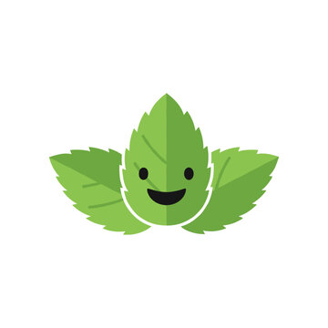 Happy green mint leaves with a smiling face, set against a clean white background, ideal for nature themes
