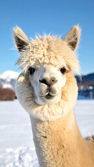Obraz premium Portrait of a fluffy llama in a snowy landscape