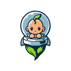 Cute baby astronaut with a green leaf emerging from a rocket in a whimsical space setting