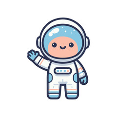 Cute cartoon astronaut waving in a friendly manner, set against a simple, colorful background
