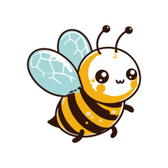 Cute cartoon bee with big eyes and transparent wings flying happily against a white background