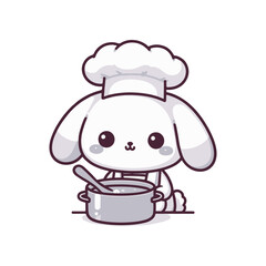 Cute cartoon bunny chef stirring a pot in a cozy kitchen setting with whimsical decor