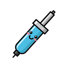 Cheerful cartoon syringe with a smiling face, set against a plain background, symbolizing healthcare