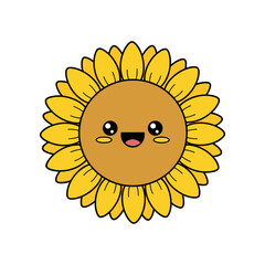 Cheerful cartoon sunflower character with a smiling face, surrounded by bright yellow petals
