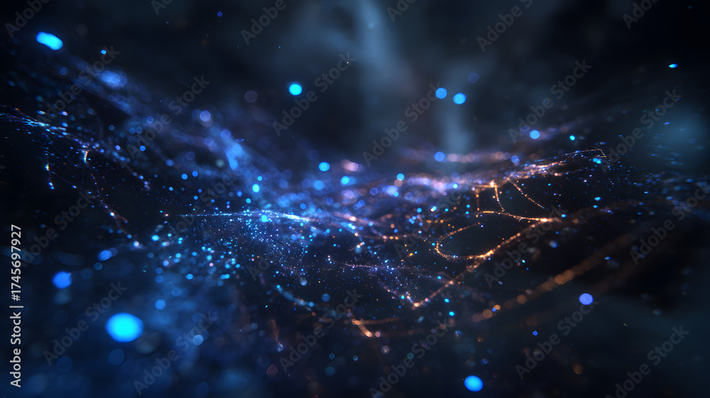 Wall mural a mesmerizing view of abstract cosmic connections with glowing blue and orange lights, creating a se