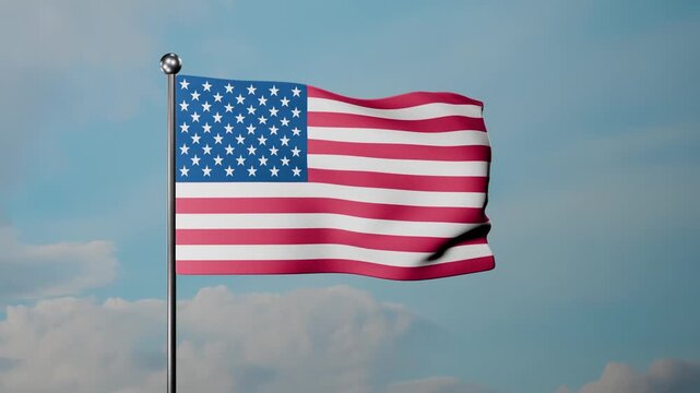 A waving American flag on a tall pole against a clear blue sky. Red, white, and blue stripes symbolize freedom, unity, and national pride in a patriotic scene.

