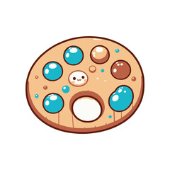 Cute cartoon cookie with colorful icing and a smiling face, set against a simple white background