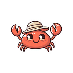 Cute cartoon crab wearing a safari hat, smiling cheerfully against a plain background