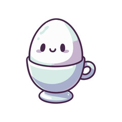 Cute cartoon egg character sitting in a cup, smiling cheerfully against a simple background
