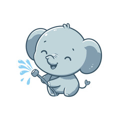 Cute cartoon elephant joyfully spraying water with a hose in a playful, bright setting