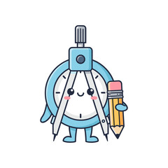 Whimsical character of a compass holding a pencil, set against a bright, cheerful background