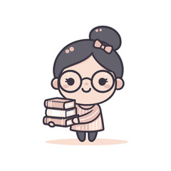 Cute cartoon girl with glasses holding a stack of books in a minimalistic style