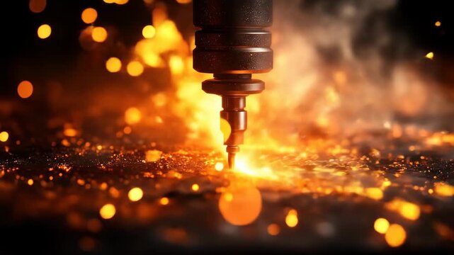 Industrial tool tip emitting intense orange sparks and light onto a dark, textured surface