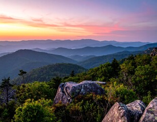 Sunset over a range of mountain peaks