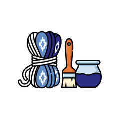 Colorful crafting supplies including rope, paintbrush, and paint jar on a clean background