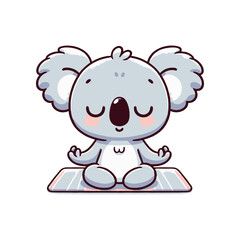 Cute cartoon koala meditating on a mat with a serene expression in a tranquil setting