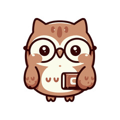Cute cartoon owl character wearing glasses, holding a book, set against a simple white background