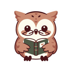 Cute cartoon owl wearing glasses, reading a book, with a whimsical background of trees and clouds