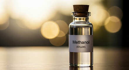 Small glass flask in the foreground, filled with the chemical "Methanol" and the formula "CH3OH." The bottle has a cork stopper and is resting on a smooth, reflective counter surface.
