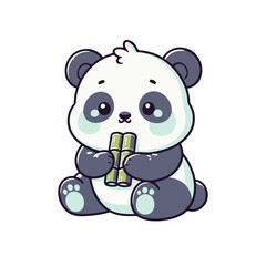 Cute cartoon panda holding bamboo, sitting in a playful pose against a simple background