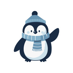 Cute cartoon penguin wearing a blue hat and scarf, waving cheerfully against a white background