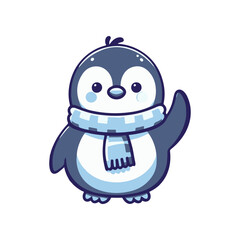 Cute cartoon penguin waving cheerfully while wearing a cozy scarf against a simple background