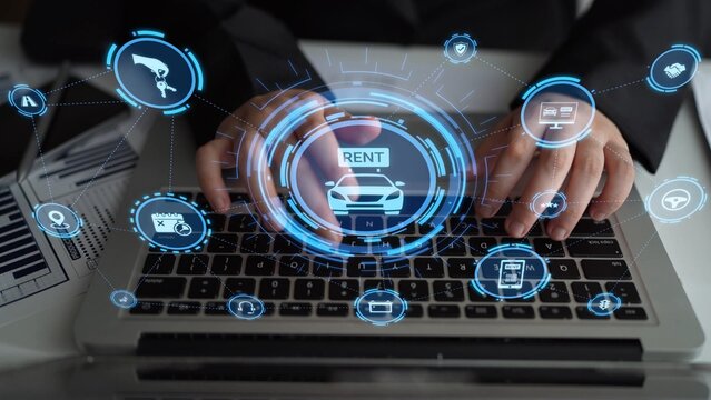 Fototapeta Online car rental service with booking, GPS, key handover and vehicle sharing icons representing modern mobility, travel convenience and digital rental platforms. Funnel