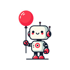 Cute cartoon robot holding a red balloon in a simple, colorful background