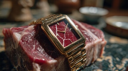 A vintage watch beautifully displayed on a piece of raw meat, showcasing an unusual design with a bold red pattern that creates a unique juxtaposition of luxury and rawness.