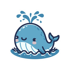 Cute cartoon whale splashing water in the ocean, surrounded by gentle waves and a bright background