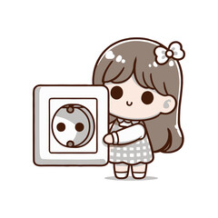 Cute character in a dress holding a wall socket, showcasing safety in a playful home setting