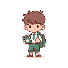 Cute child in school uniform holding a book with a smiley face, standing against a plain background