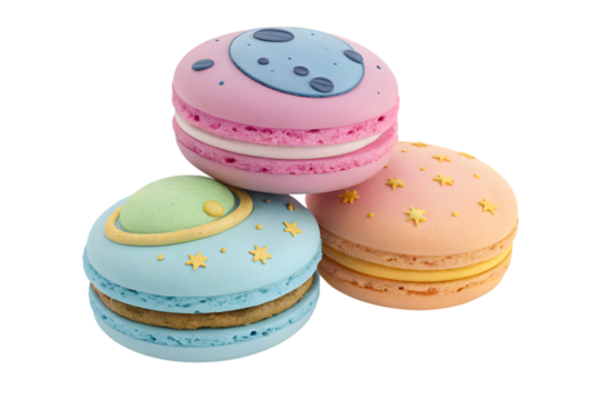 Stack of macarons decorated with planet and star designs for cosmic themed baked goods shop