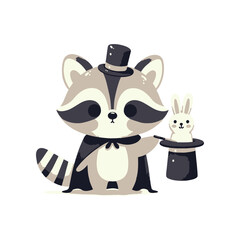 Cute raccoon magician performing a magic trick with a rabbit emerging from a hat