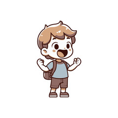 Happy child with backpack celebrating outdoors, vibrant background with playful elements