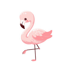Playful pink flamingo standing on one leg against a clean white background, ideal for whimsical designs
