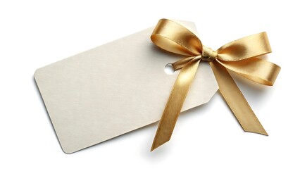 Blank gift tag with a luxurious golden satin ribbon bow tied on a plain white background isolated on white background