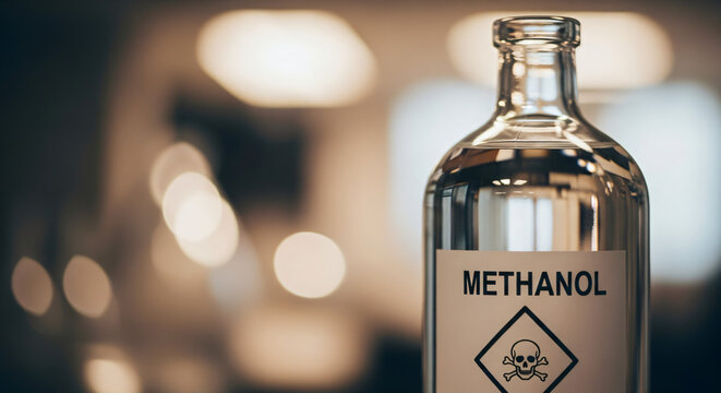 Clear glass bottle of Methanol with a skull and crossbones symbol, indicating its toxic nature. The bokeh effect from the lights adds a sense of depth, drawing attention to the methanol bottle.