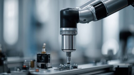Fototapeta premium Robotic Arm Performing Precision Assembly in a Modern Manufacturing Facility During a Busy Production Day