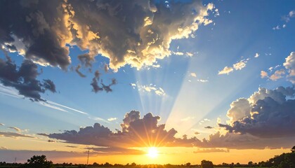 Spectacular sunset sky with clouds and sunburst over a landscape panorama