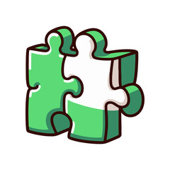 Two interlocking puzzle pieces in vibrant green and white colors symbolizing teamwork and connection