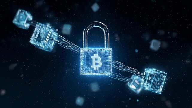 An artistic rendering of a crypto security concept. A digital padlock is connected to data cubes