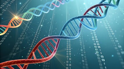 Abstract DNA strands intertwining with digital code, representing biological and technological evolution.