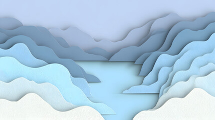 Stylized layered mountains and a serene lake in soft shades of blue and white create a tranquil, dreamy atmosphere.