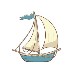 Vintage sailboat illustration with a blue hull and white sails, set against a plain background