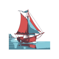 Vintage sailing ship gliding across calm waters with vibrant red and blue sails, serene backdrop