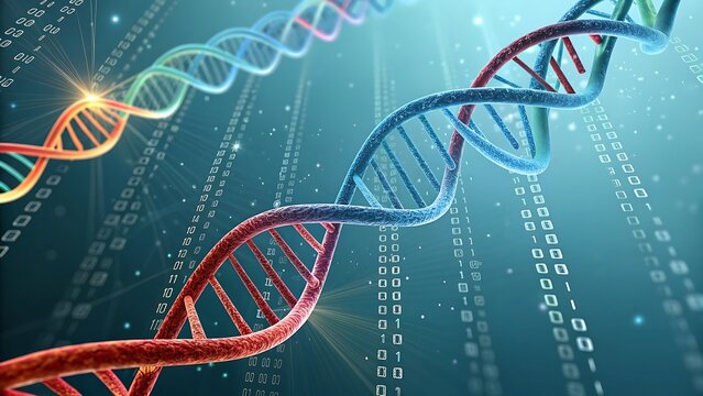 Abstract DNA strands intertwining with digital code, representing biological and technological evolution.